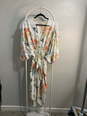 Petal & Pup Cream Maxi Dress with Coral Pink and Blue Floral Print